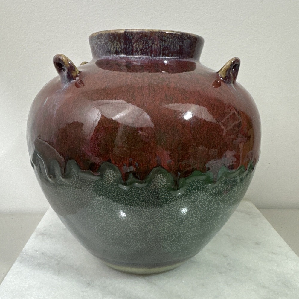Vintage Stoneware Pottery Jug Vase GORGEOUS Green Red Drip Glaze Urn Hanging Tab